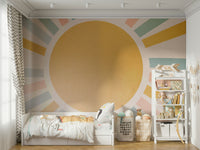 The lighting in the room is soft, complementing the mural's mood.
