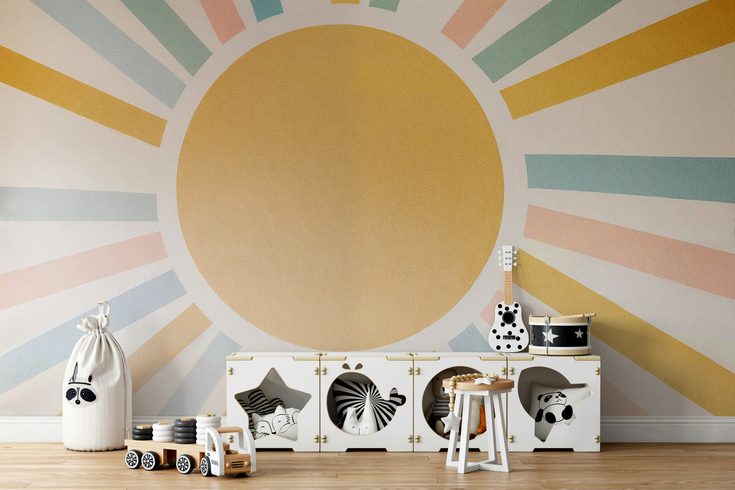 A wide-angle wall mural depicting a bright and sunny day.
