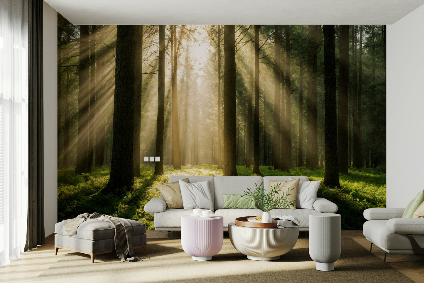 A wall mural depicting a serene forest scene with tall trees.
