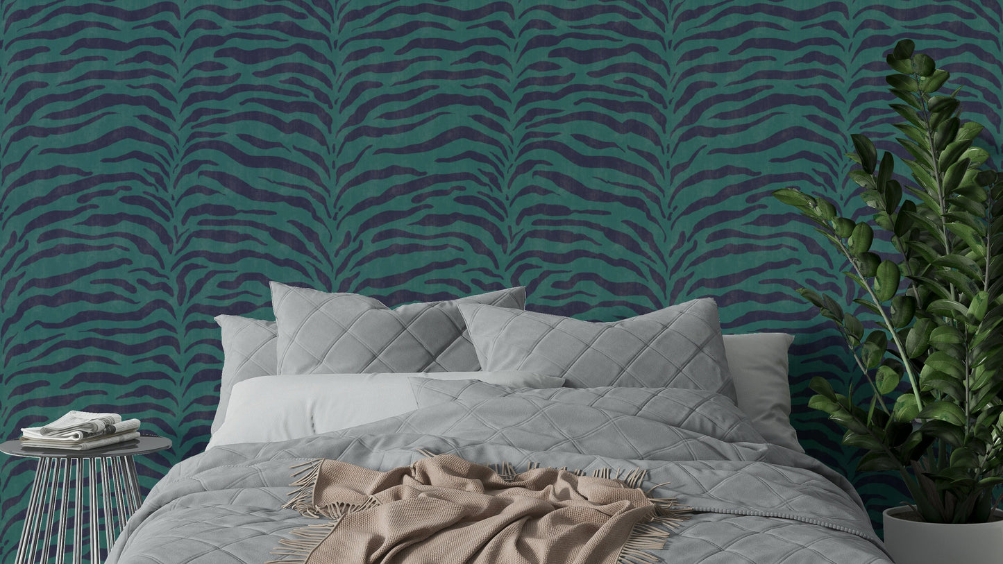 A close-up view of a wallpaper with a zebra stripe pattern.
