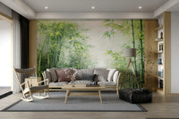 A wall mural depicting a dense, green bamboo forest.
