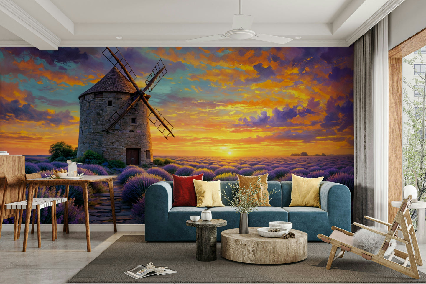 The colors are earthy and natural, with dominant purples, greens, and soft light.

