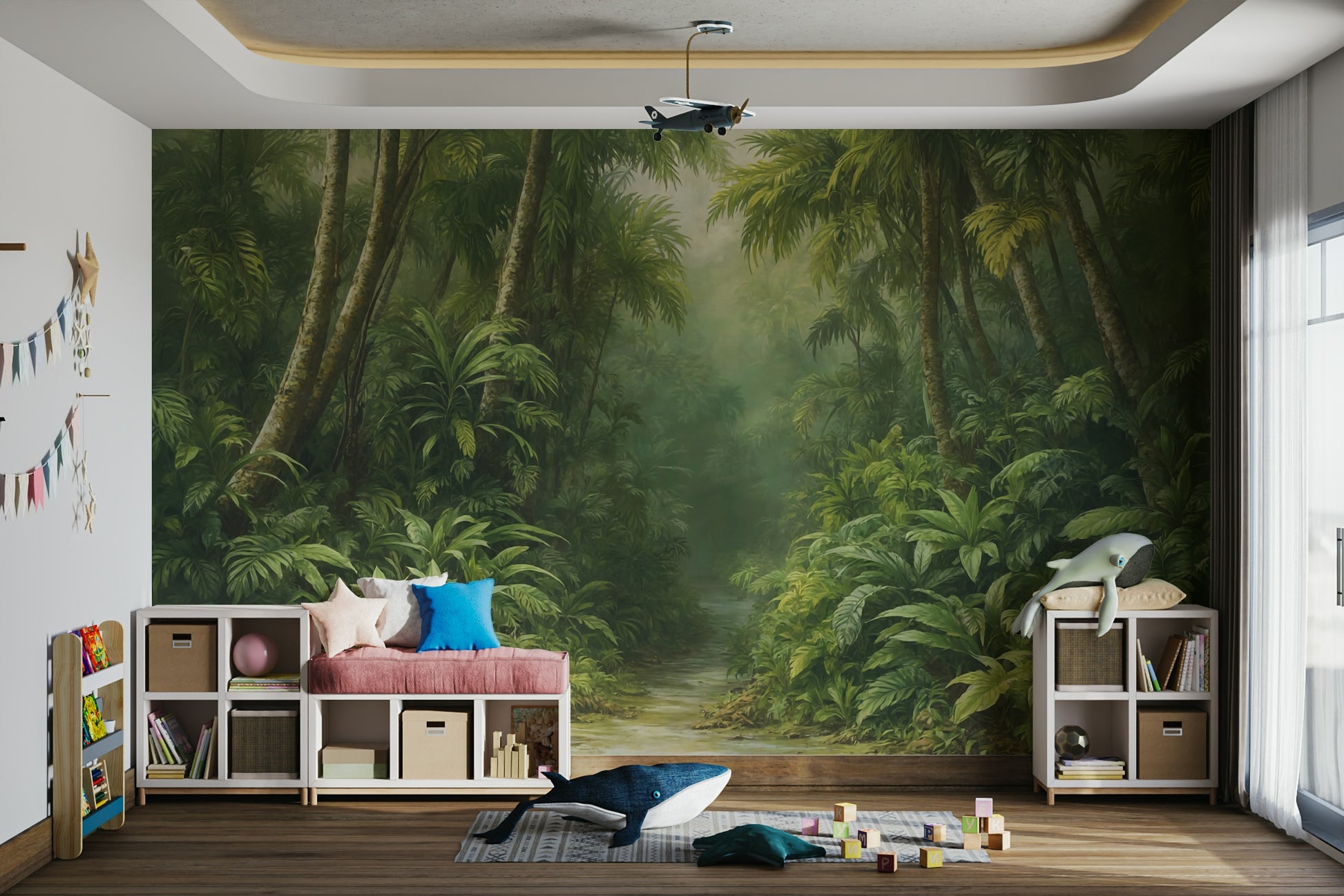 A wall mural featuring a peaceful forest scene.

