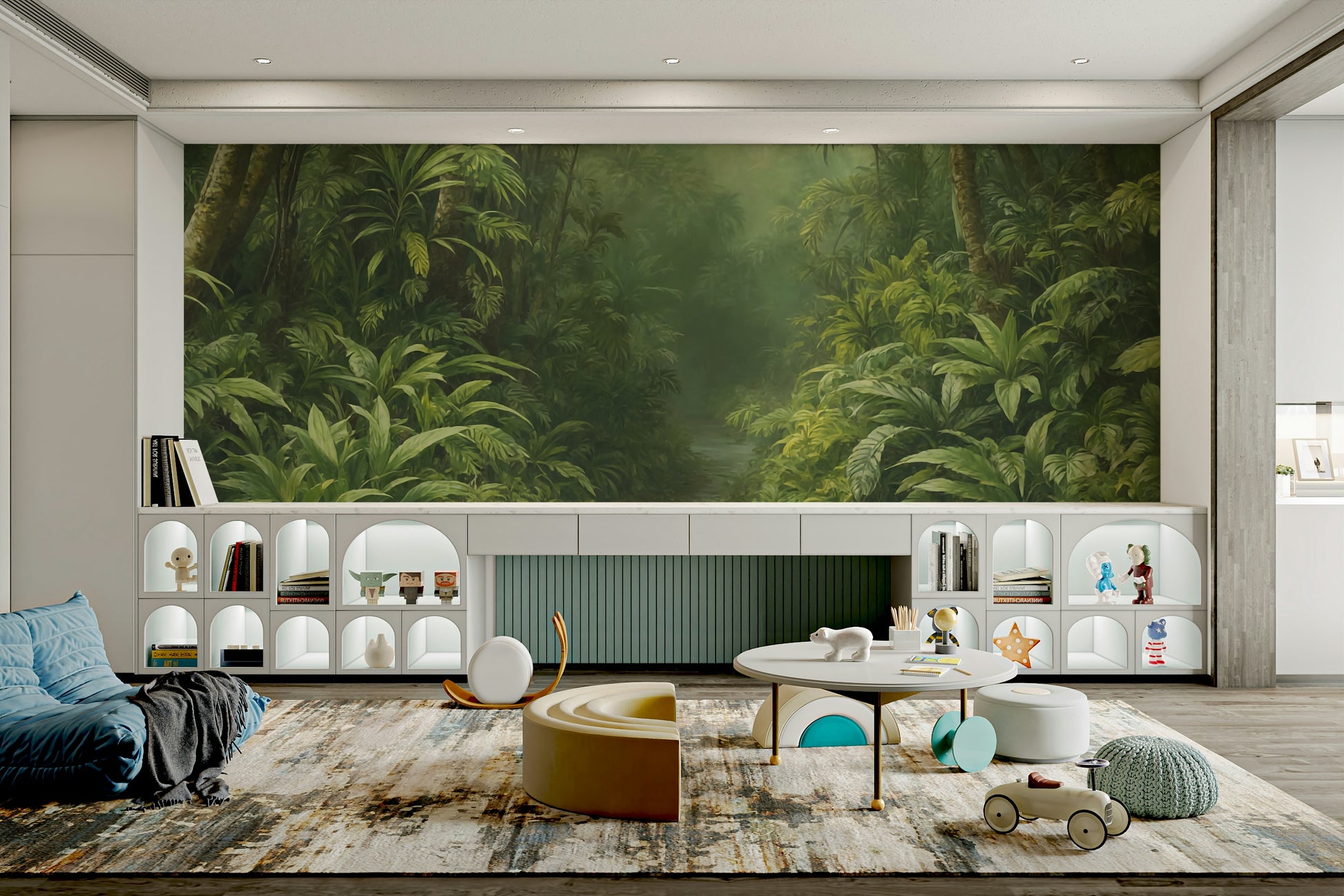 The mural is installed in a modern, quiet living room.

