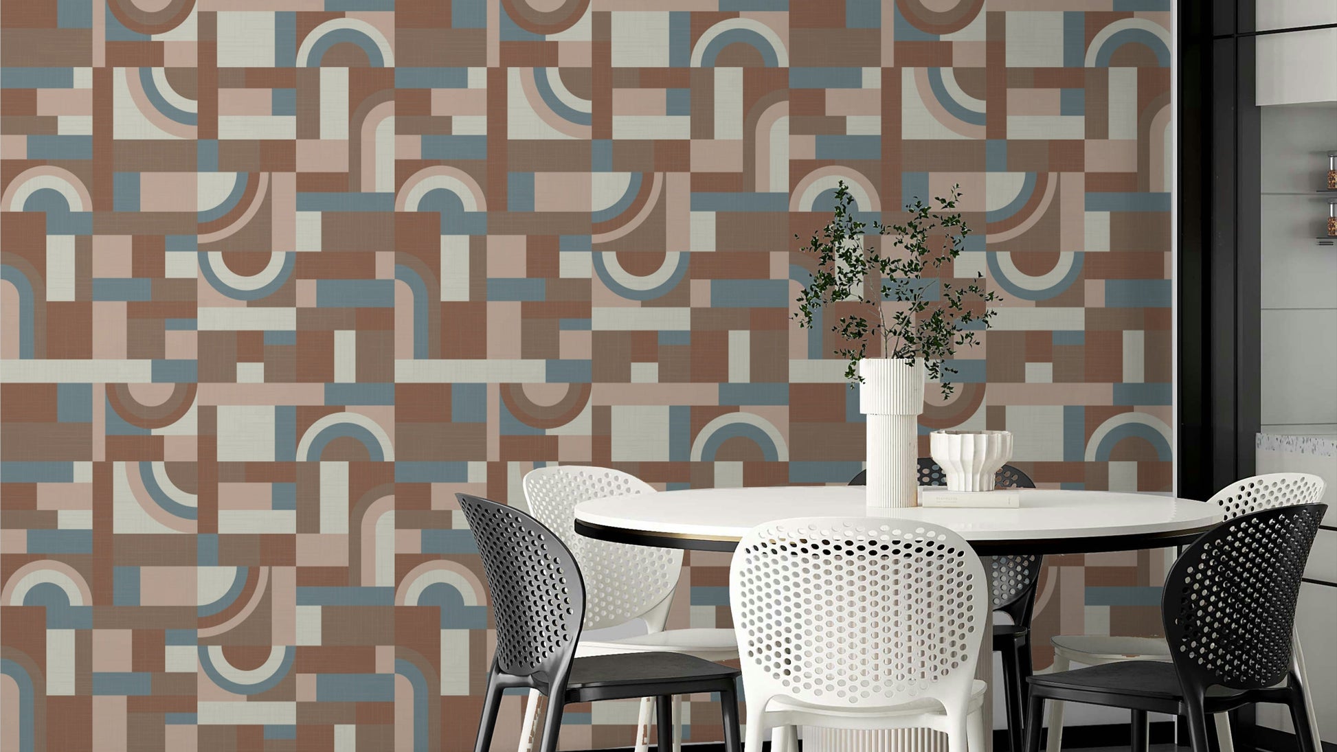 The image shows a full wall with flowing, fluid shapes.

