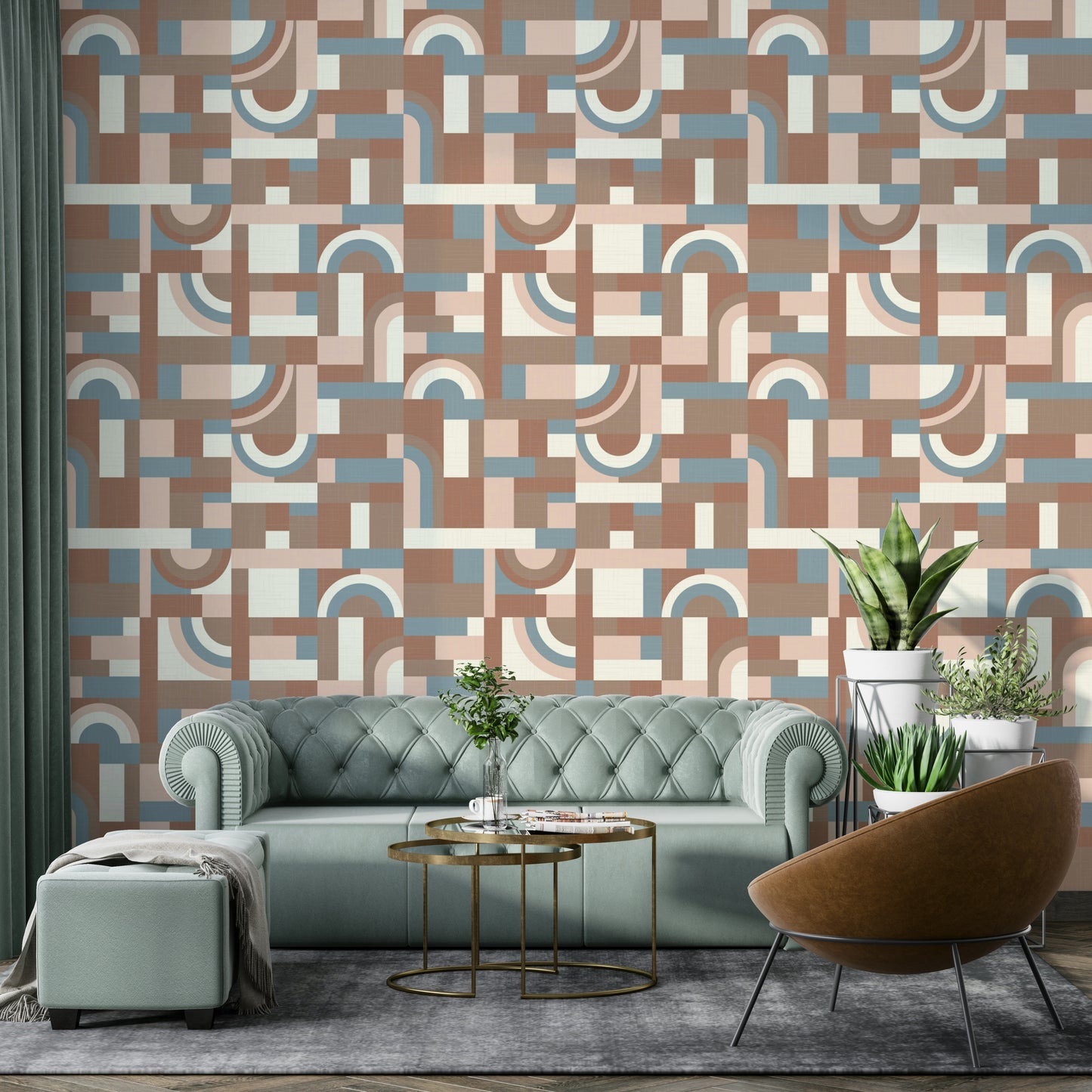 The mural extends across the entire wall, creating a clean backdrop.

