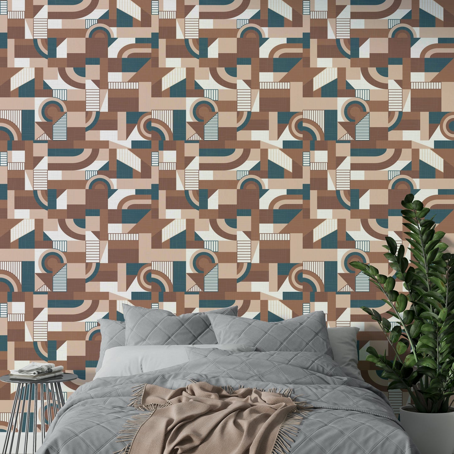 The wallpaper is installed in a modern, elegant living room.

