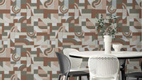 The wallpaper is installed in a modern, elegant living room.

