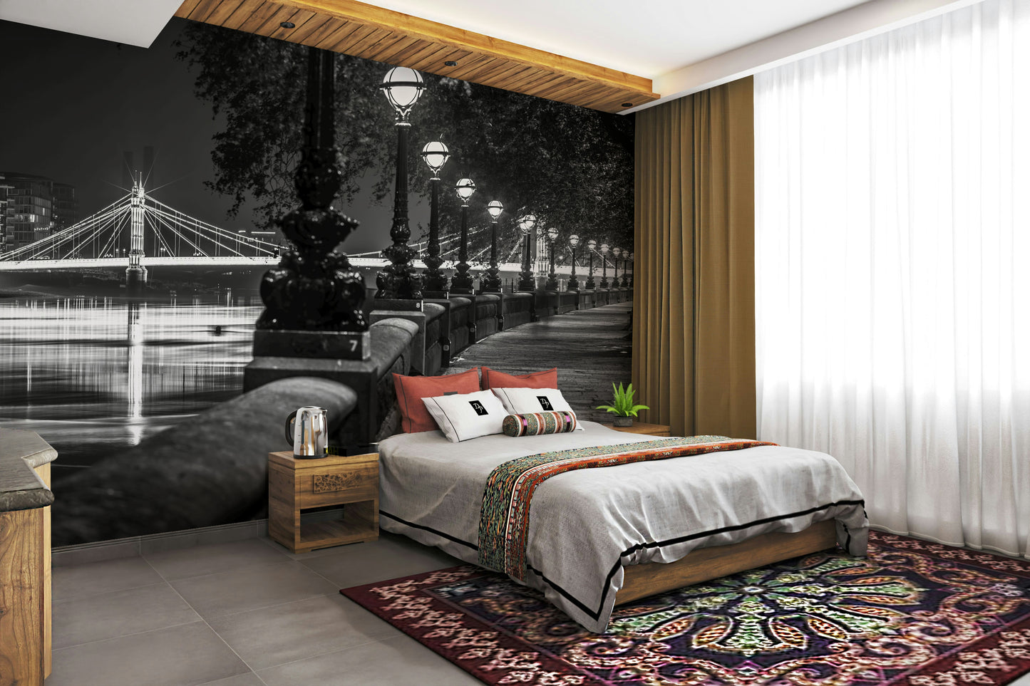 A close-up view shows the fine details of the lampposts and bridge.

