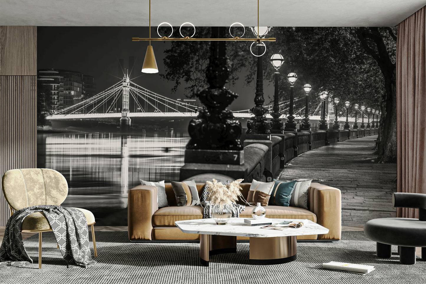 The mural is installed in a modern, quiet living room.

