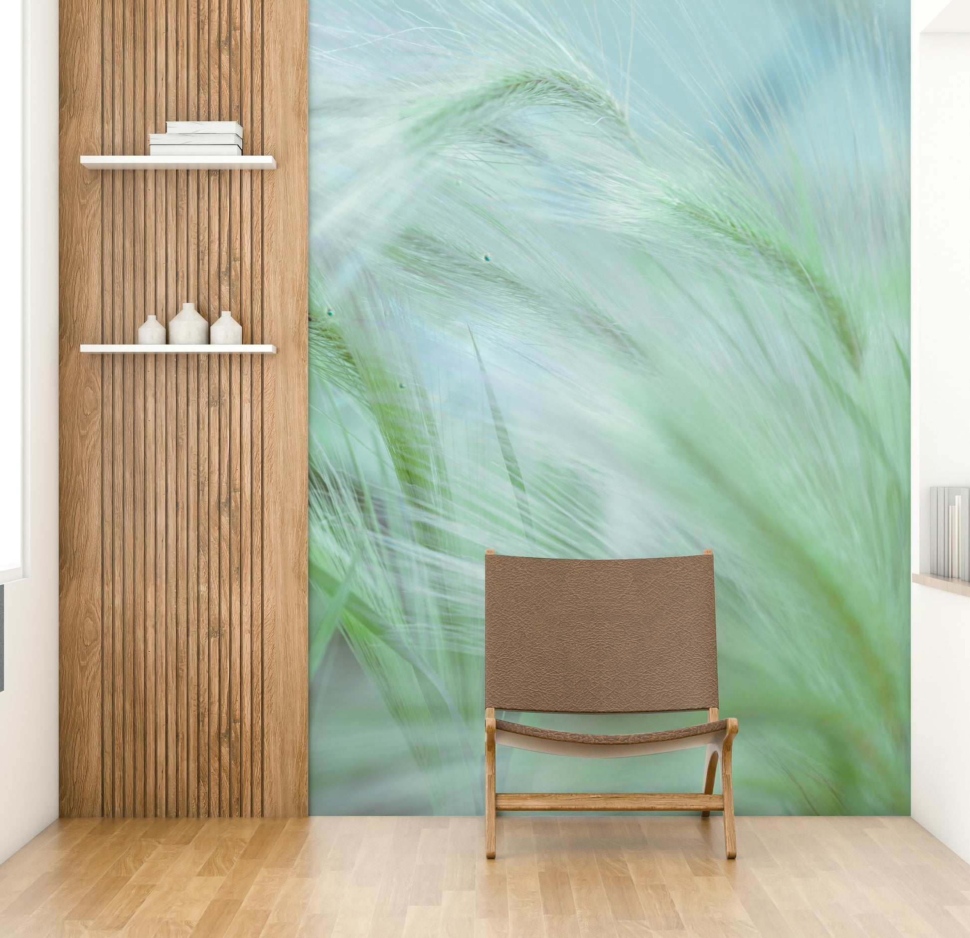 A wall mural featuring a peaceful field of tall grass.

