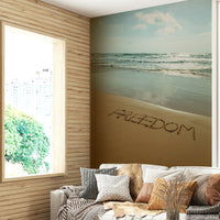 The mural is installed in a modern, quiet living room.

