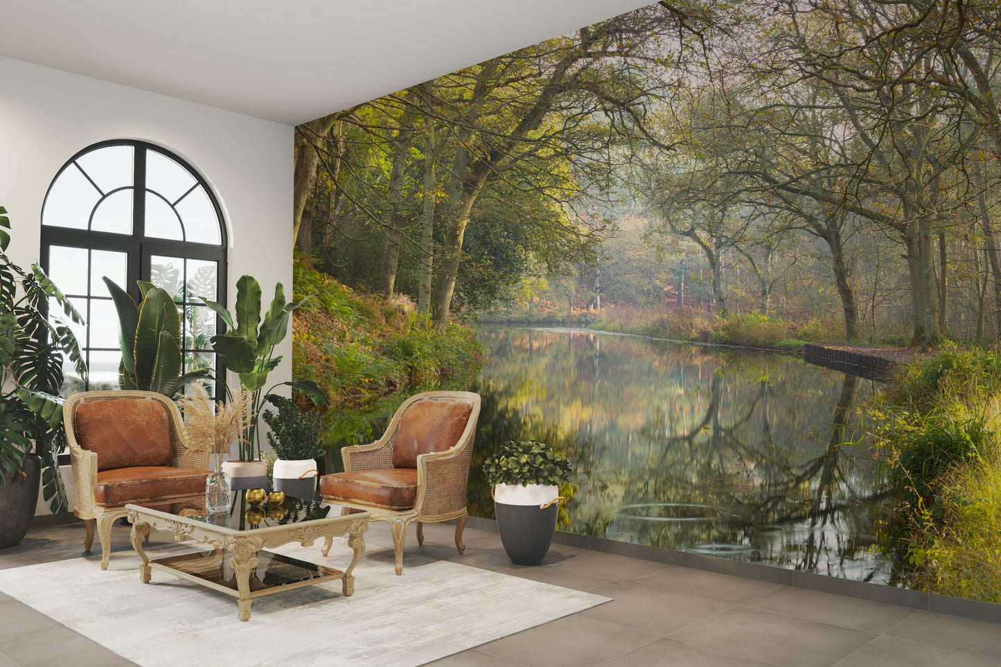 The mural is installed in a modern, quiet living room.

