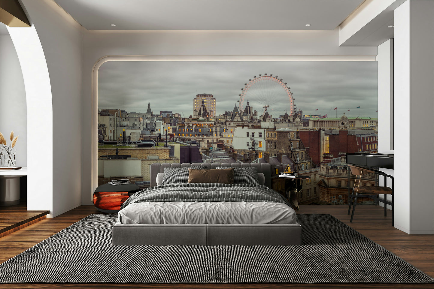 A wall mural featuring a panoramic view of the London skyline.

