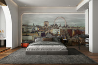 A wall mural featuring a panoramic view of the London skyline.


