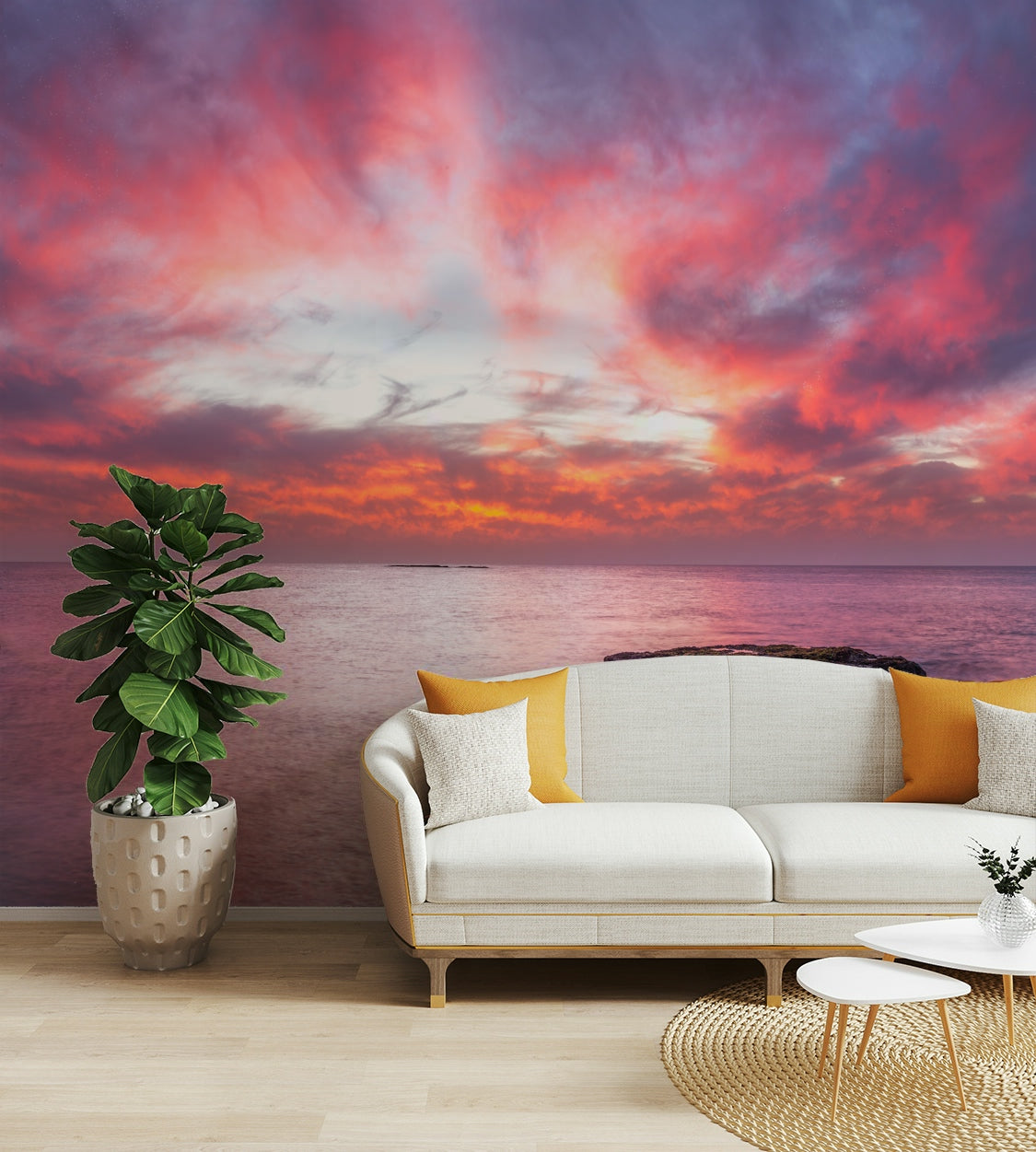 A wall mural featuring a serene, abstract seascape.

