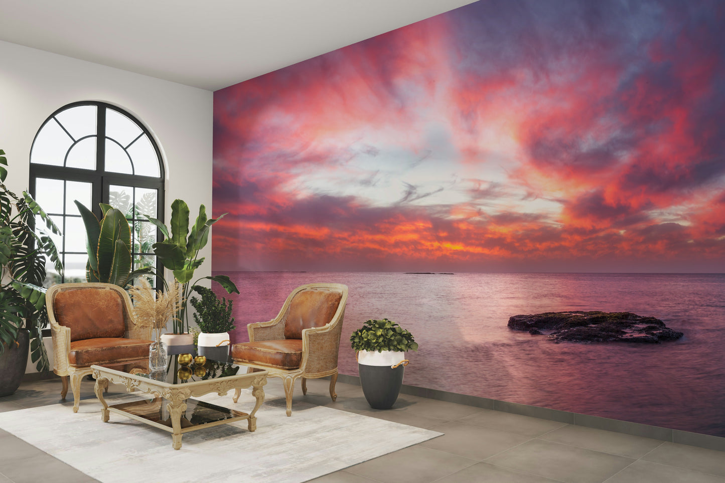 The room's lighting highlights the serene, quiet feel of the mural.

