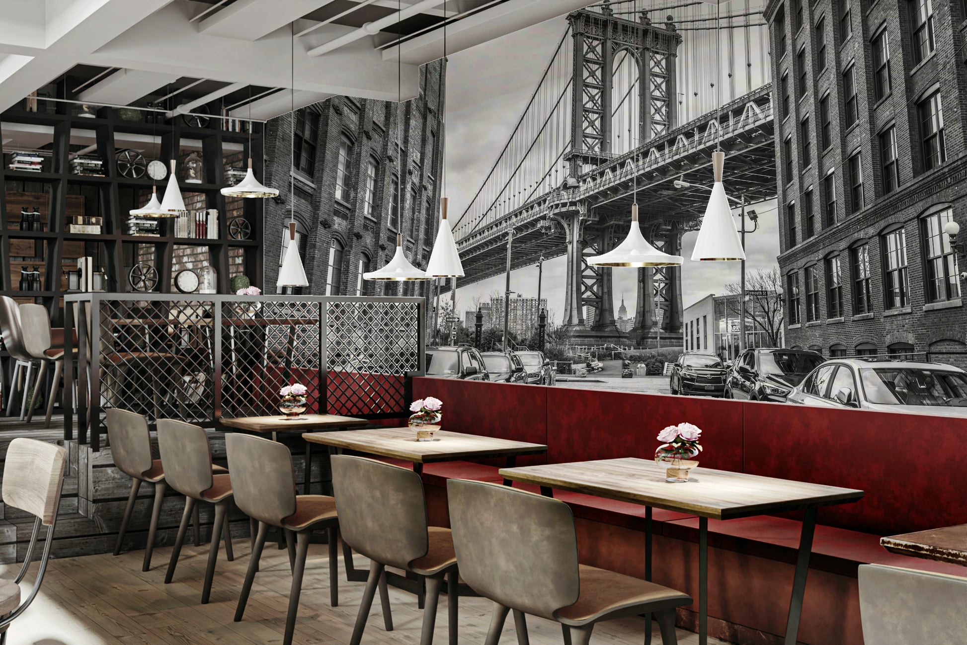 A close-up view shows the intricate steelwork of the bridge.

