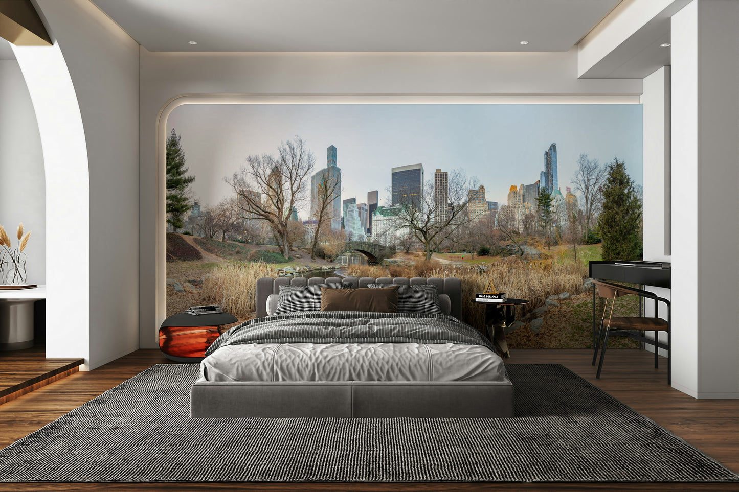 The image shows a full wall with a stone bridge over water.

