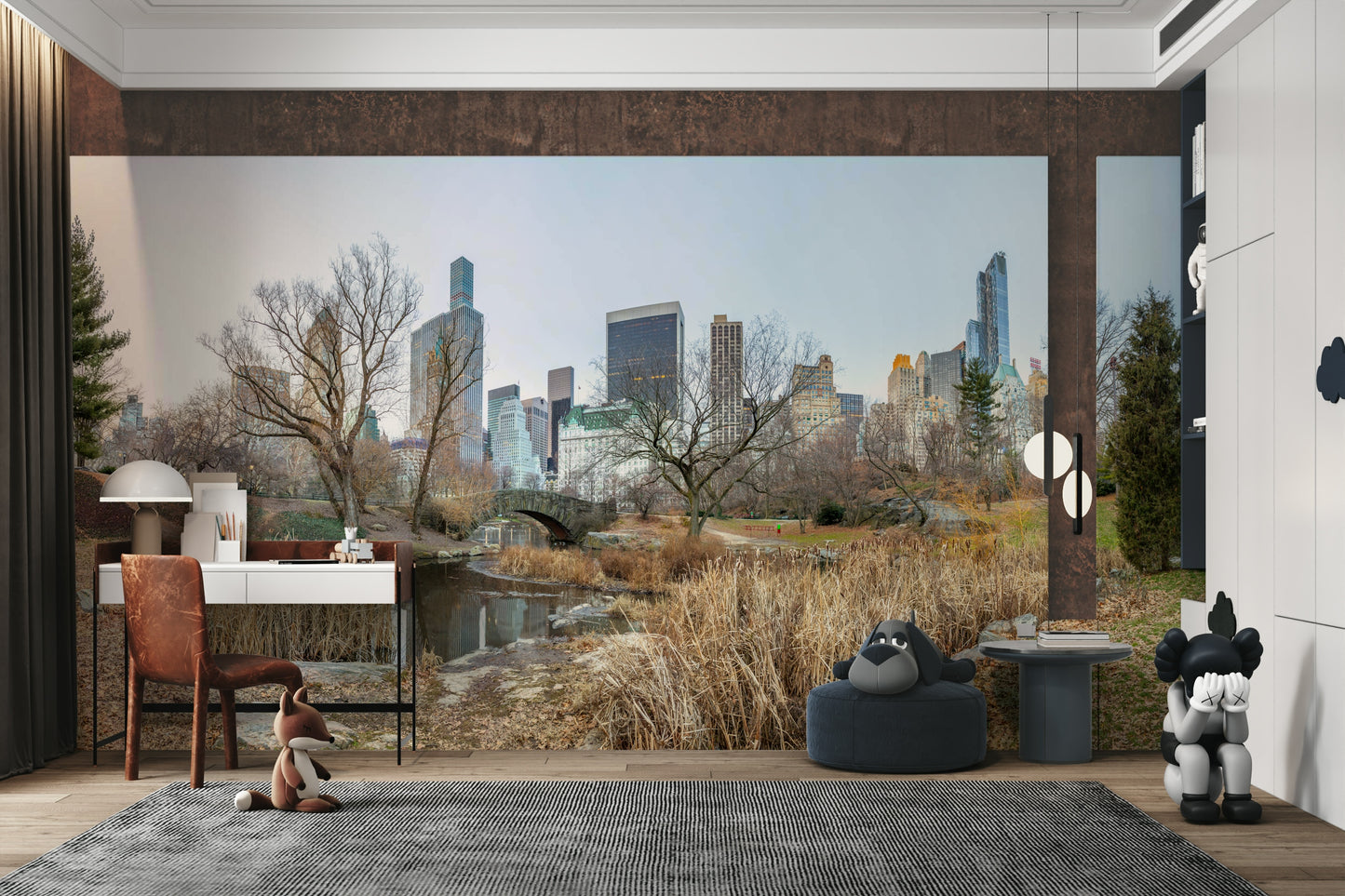 The mural is installed in a modern, quiet living room.

