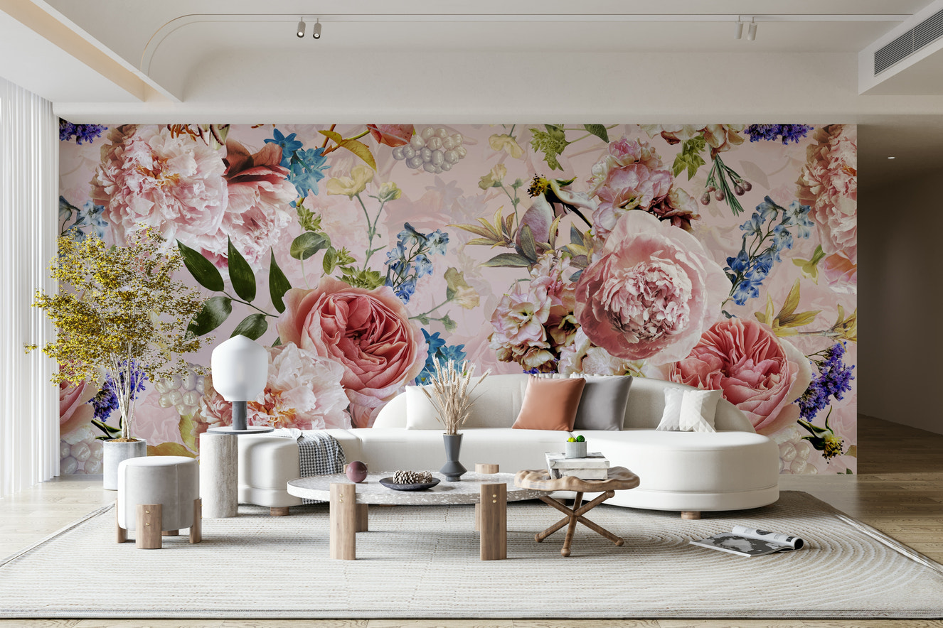 A wall mural featuring a bold, artistic floral pattern.

