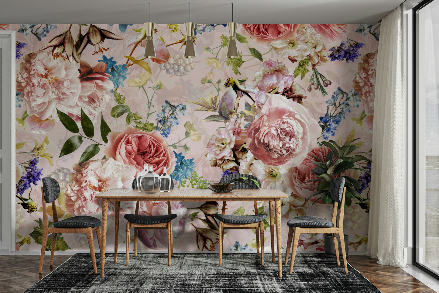 The image shows a full wall with several large flowers on a dark, moody background.

