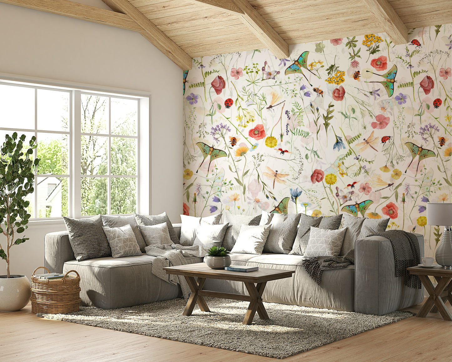 The mural is installed in a modern, eclectic living room.

