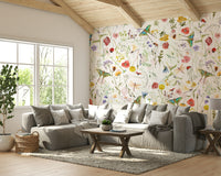 The mural is installed in a modern, eclectic living room.

