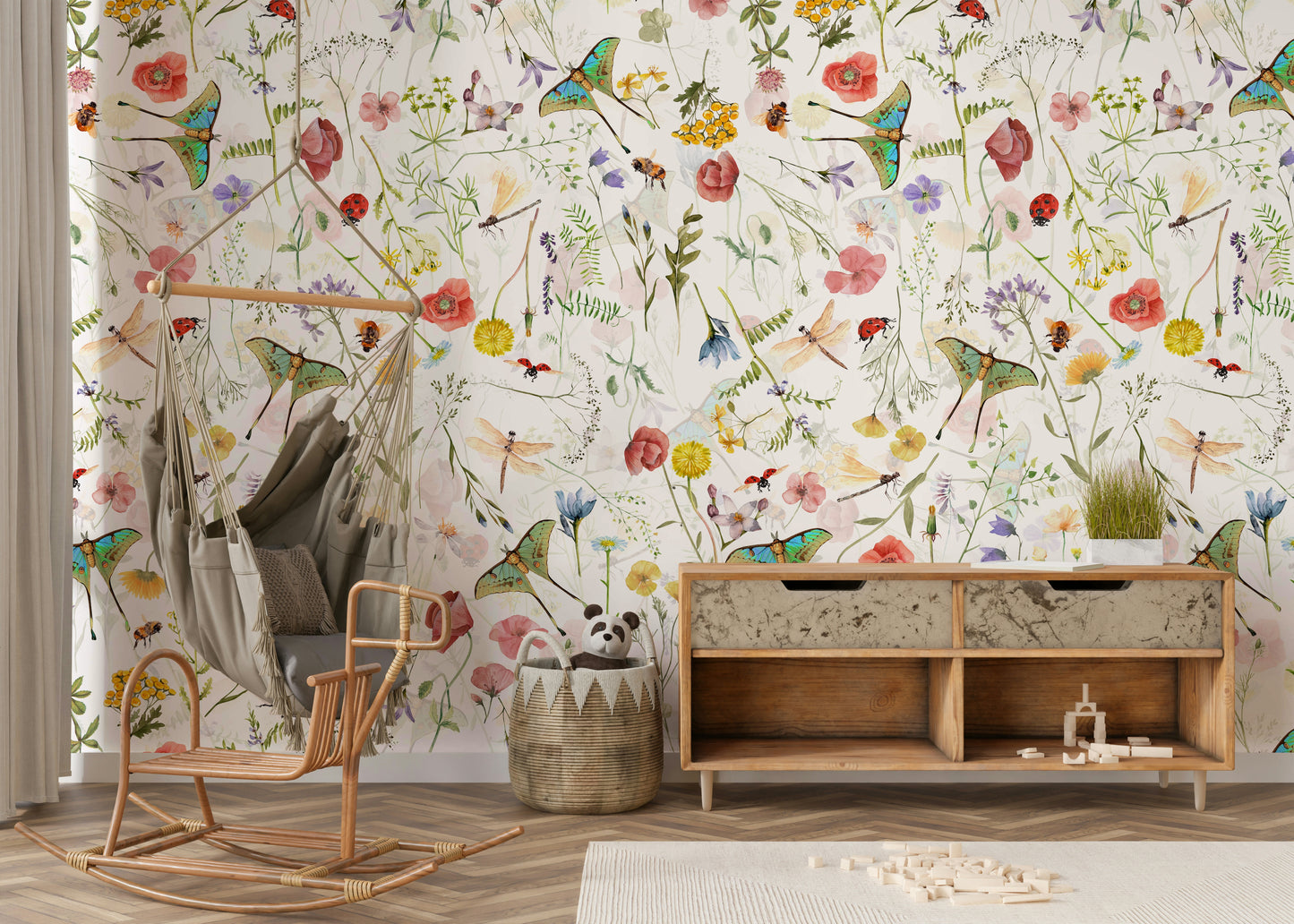 A wall mural featuring a bold, artistic floral pattern.

