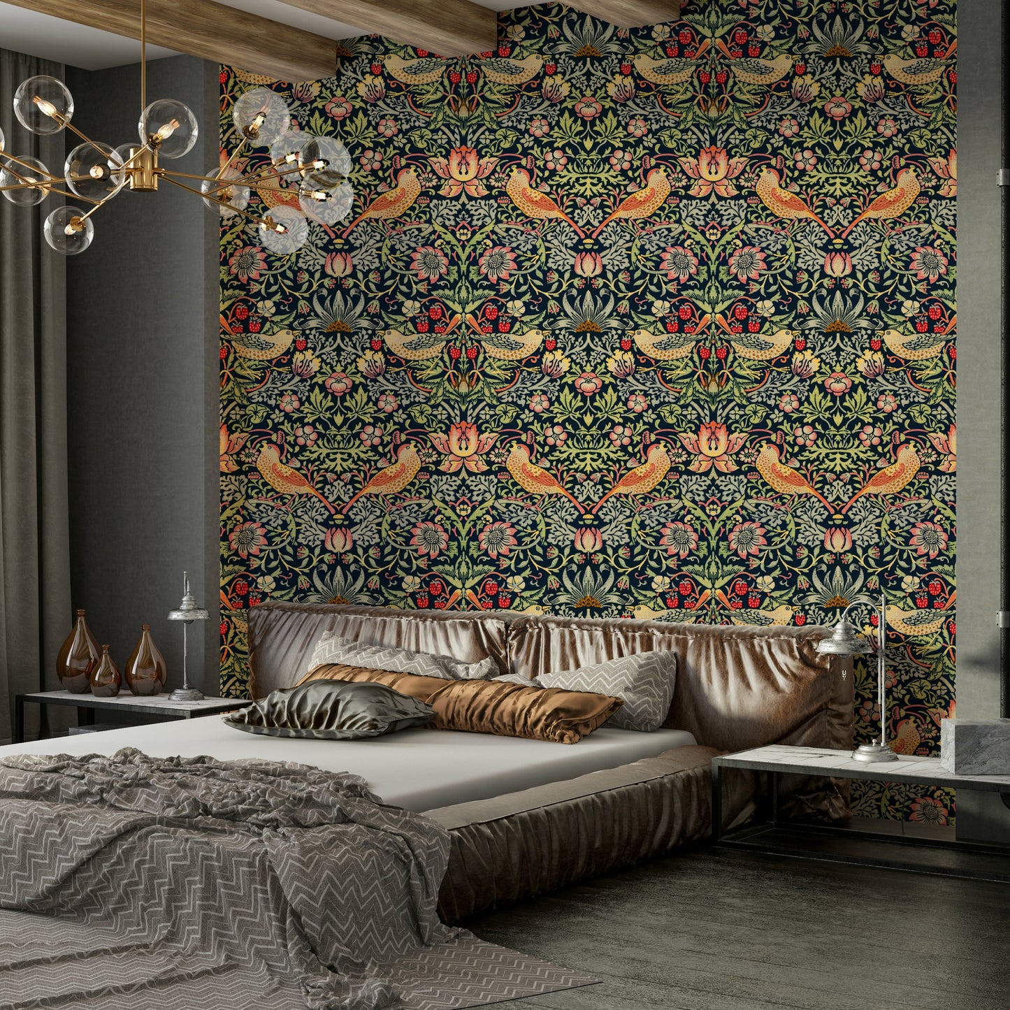 A close-up view shows the fine details of the birds and fruit.

