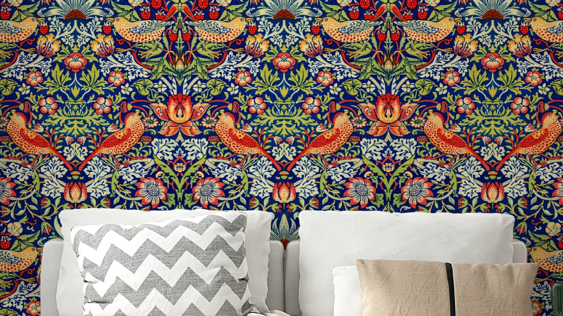 A wallpaper featuring a classic, intricate botanical pattern.

