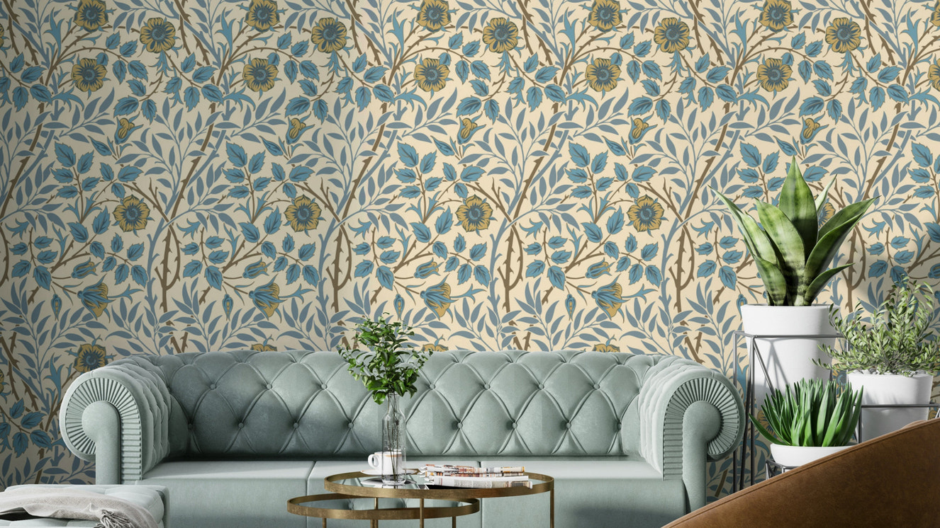 The wallpaper is installed in a classic, elegant living room.

