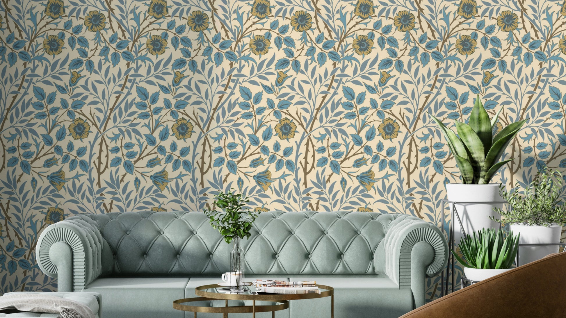 The wallpaper is installed in a classic, elegant living room.

