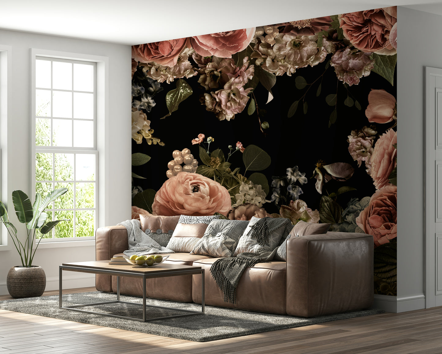 The image shows a full wall with several large flowers on a dark, moody background.

