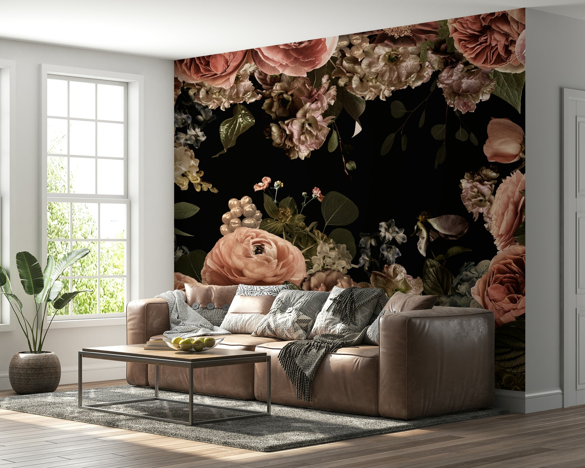 The image shows a full wall with several large flowers on a dark, moody background.

