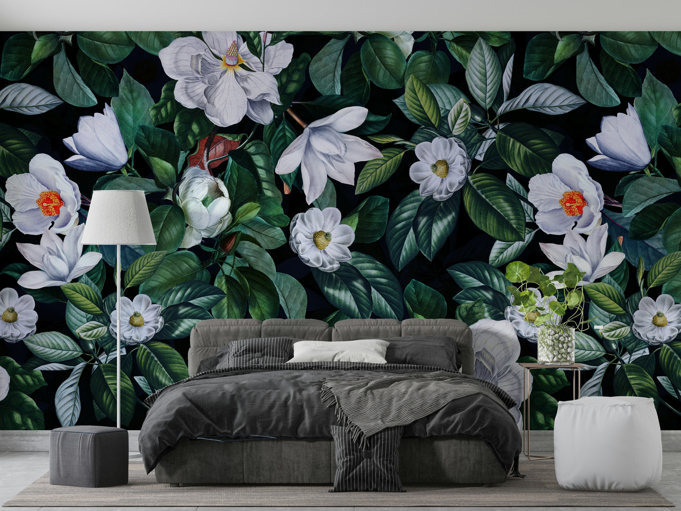 A wall mural featuring a bold, artistic floral pattern.

