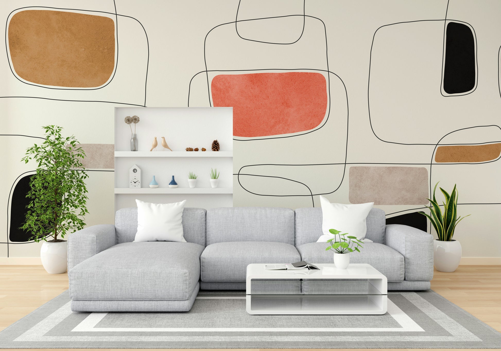 The mural is installed in a calm living room behind a simple, light-colored sofa.


