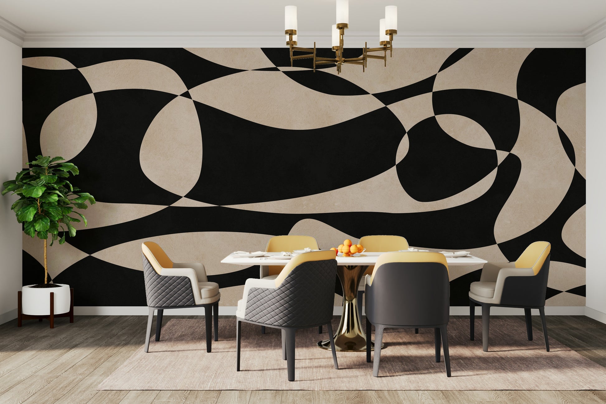 The image shows a full wall with a repeating design of gentle, woven arcs.

