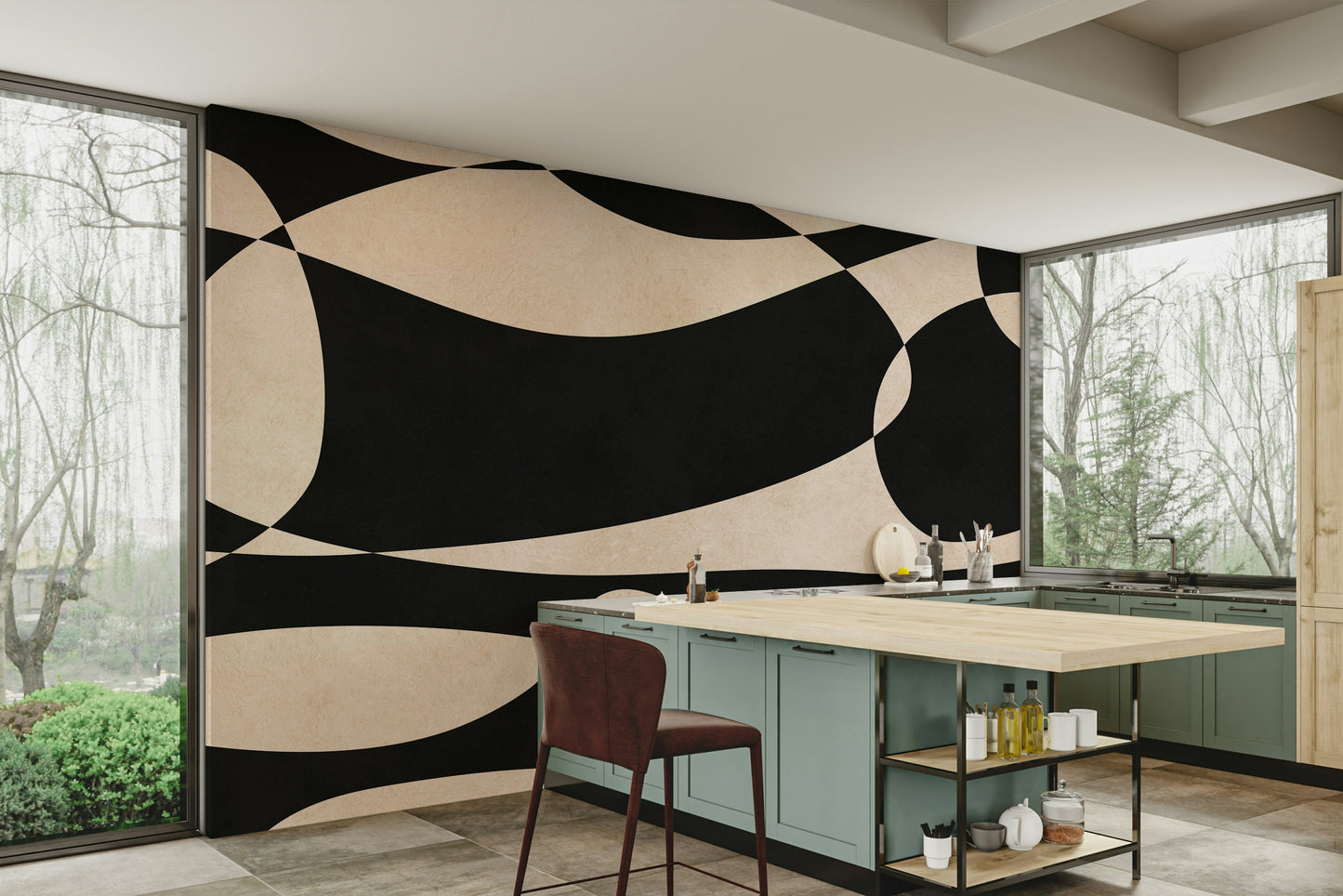 The mural is installed in a calm living room behind a simple, light-colored sofa.

