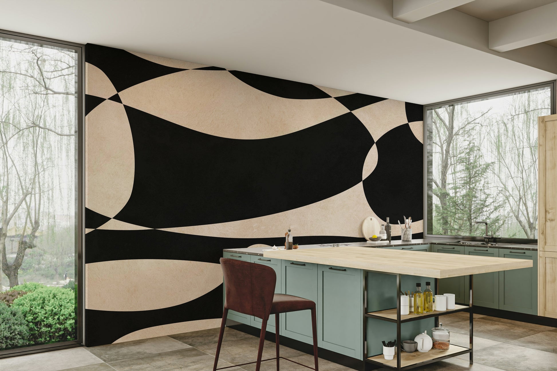 The mural is installed in a calm living room behind a simple, light-colored sofa.

