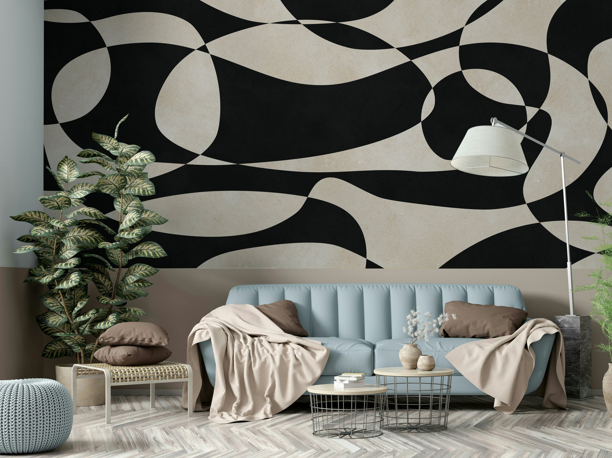 The mural extends across the entire wall, creating a clean backdrop.

