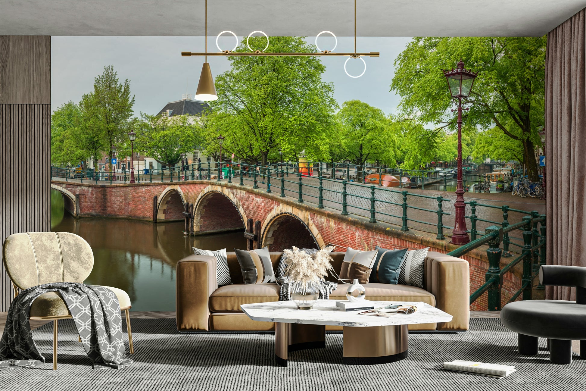 A wall mural featuring a peaceful, urban cityscape scene.

