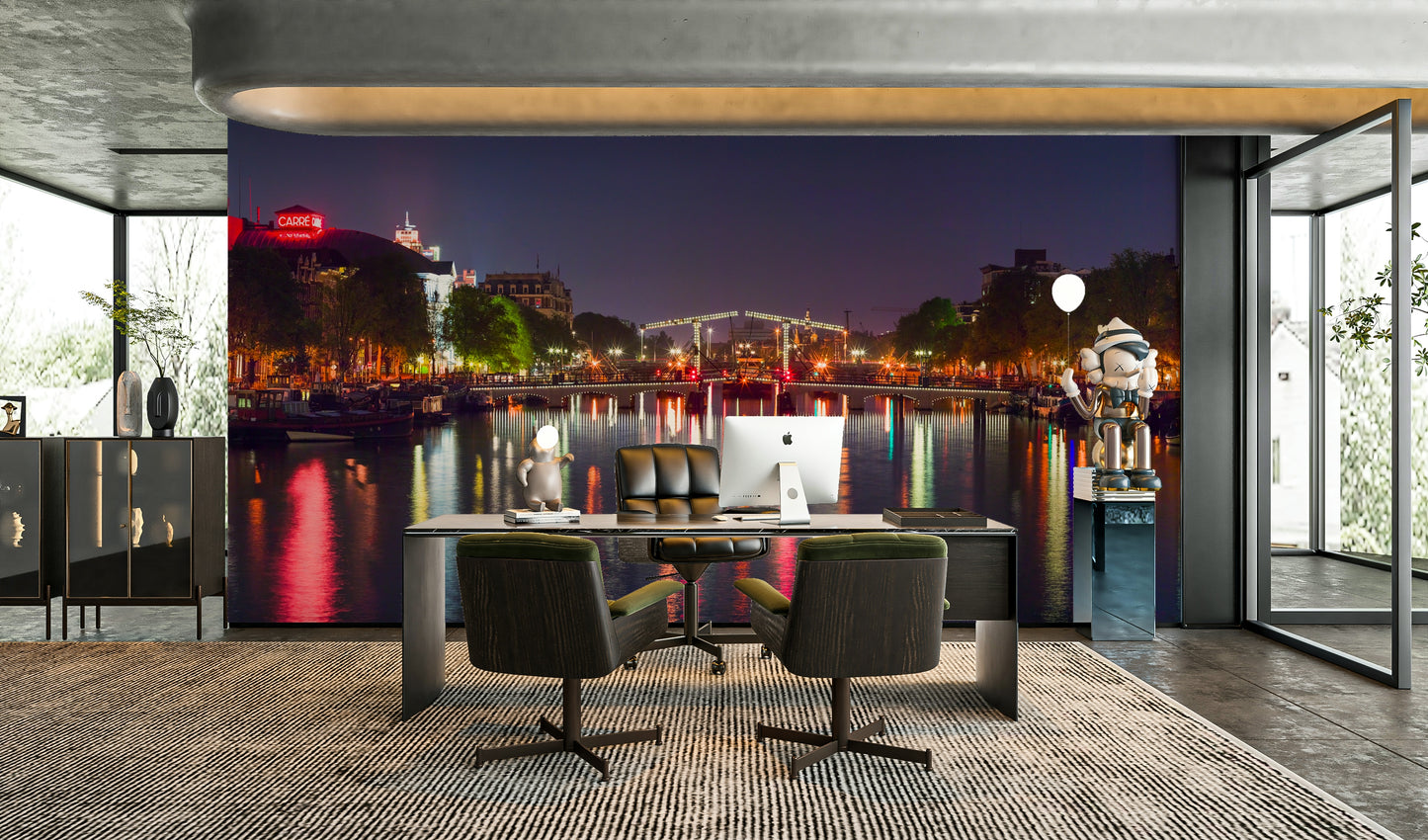 The image shows a serene view of a canal in Amsterdam at evening.

