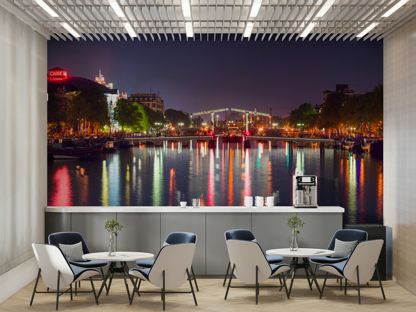 A wall mural featuring a peaceful, urban canal scene.

