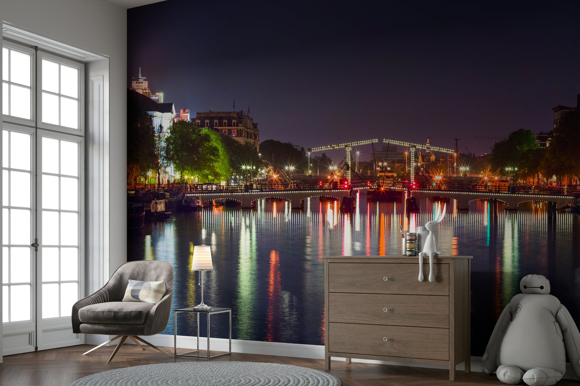 The colors are soft and gentle, with many shades of blue, gold, and orange.

