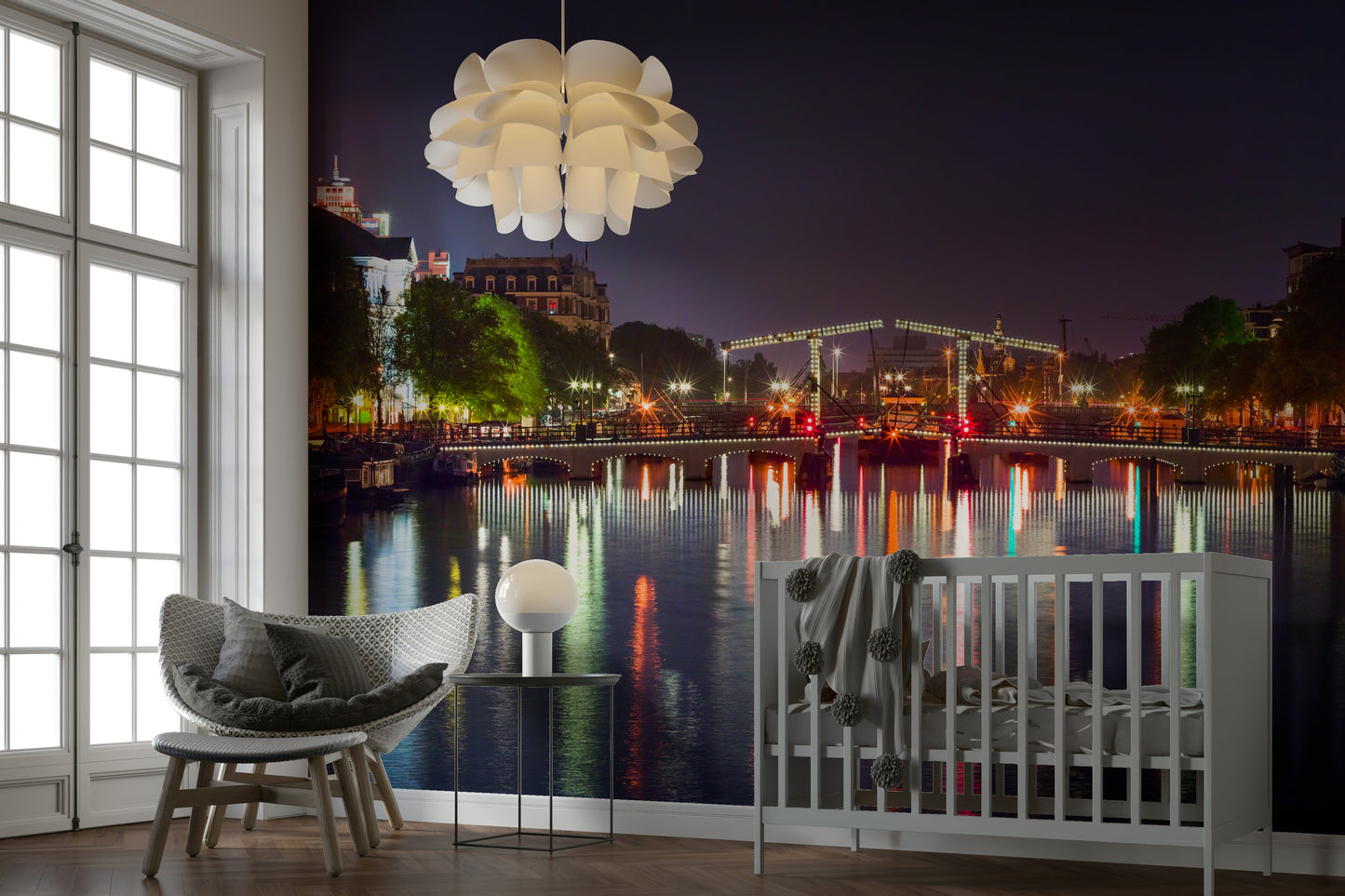 The mural extends across the entire wall, creating a clean backdrop.

