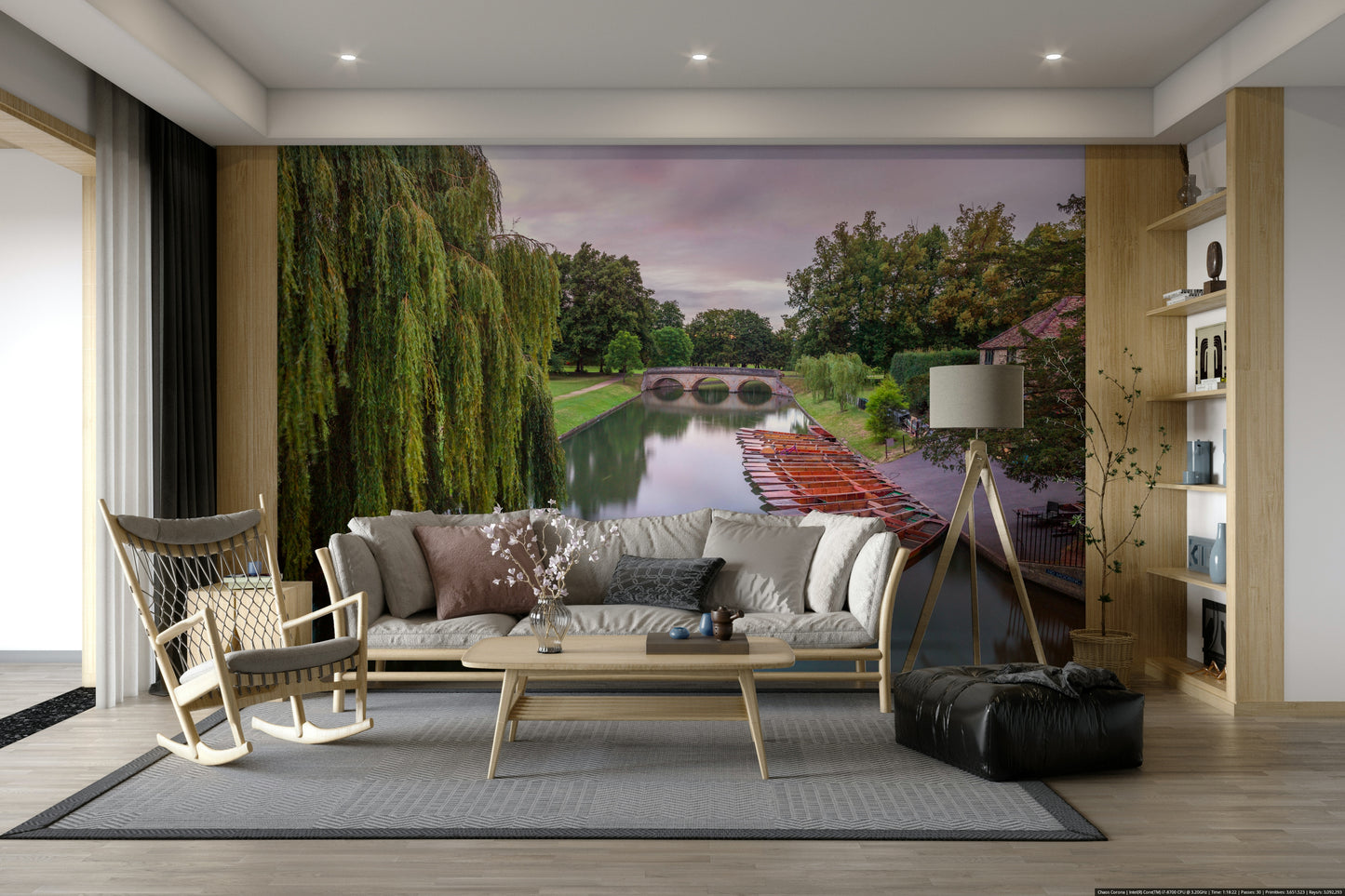 The mural is installed in a calm living room behind a simple, light-colored sofa.

