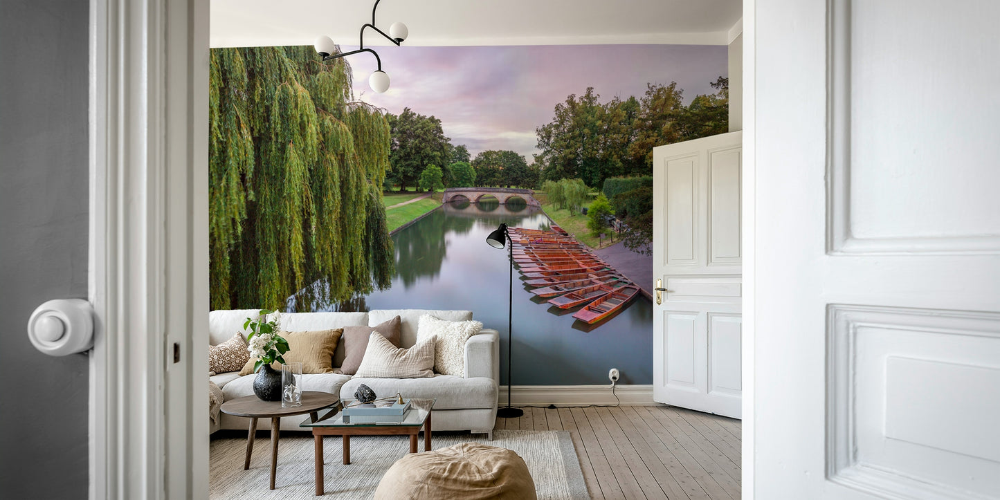 The room's lighting highlights the serene, quiet feel of the mural.

