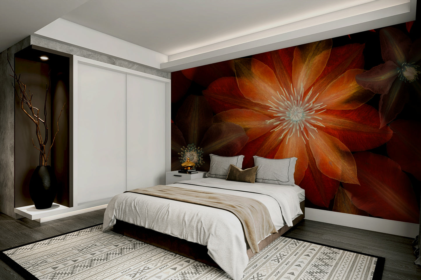 The mural is installed in a modern, eclectic living room.

