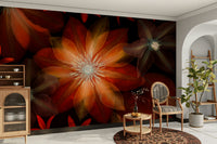 The image shows a full wall with several clematis flowers on a dark background.

